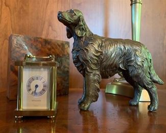 Burled Hinged Box, Tiffany Miniature Carriage Clock, Bronze Retriever 