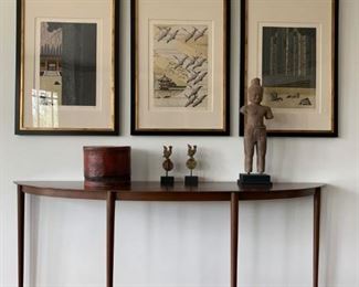 Copper Tone Minimalist Demilune Console Table, Woodblock Prints, Signed and Numbered
