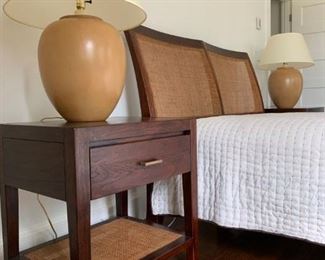 Crate and Barrel Bedside Tables, PAIR, with Rattan Shelf