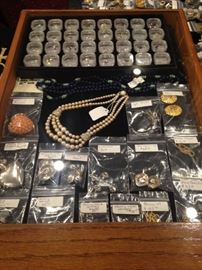 Individual cased stones; pearls; earrings; bracelets  