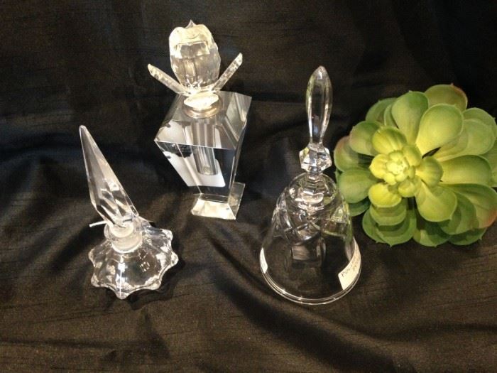 Crystal perfume bottles and bell  
