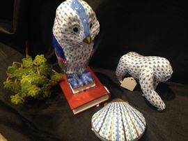 Herend owl, gorilla, and shell case