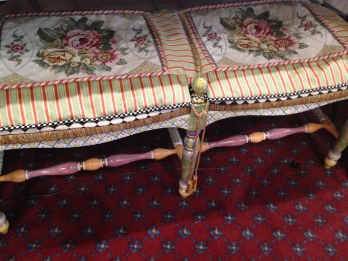 A precious MacKenzie Childs hand-painted & upholstered bed bench