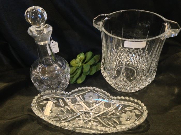 Decanter, relish tray, and ice bucket  