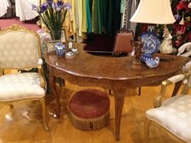 Lovely curved desk; small fringed foot stool 