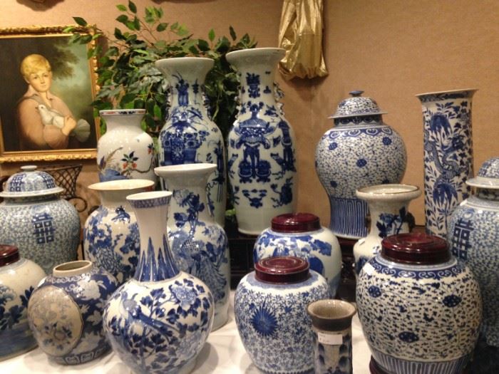 Huge selection of Chinese and other Asian style blue & white temple jars,  vases, and ginger jars
