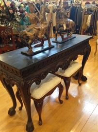 Dark marble top entry/buffet/sofa table; small matching accent benches 