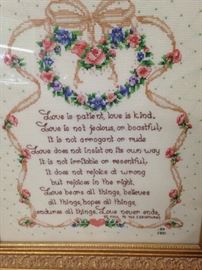 Framed needlepoint  - "Love is patient .  .  . endures all things." I Corinthians 13