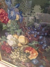 Framed needlepoint of fruit & flowers