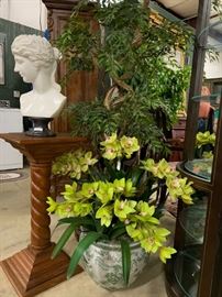 Plant stand, bust, artificial tree and gorgeous orchids