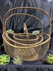 Set of 3 unique brass  wired olive gathering baskets