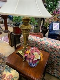 Brass lamp and side table