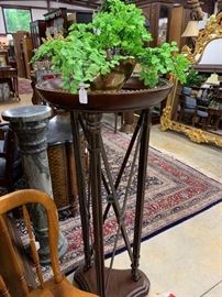 Child's small chair; good-looking  wooden plant stand with "X" brass supports; marble plant stand