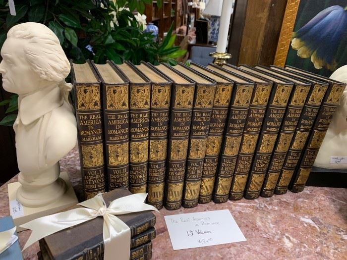Handsome set of leather bound books; Thomas Jefferson bookends