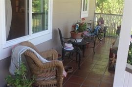 Wicker chair, Iron patio set w/ 2 chairs and center table