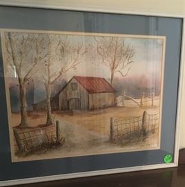 A red roof barn picture, signed.