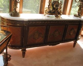Ornate Italian Baroque buffet with marble top and 5 cabinets