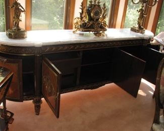 Ornate Italian Baroque buffet with marble top and 5 cabinets