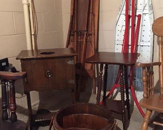 vintage wooden ironing board, smoking stand, wooden bucket, plant stand,