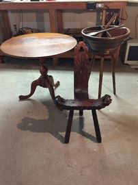 wooden salad stand with tongs, pedestal table, unique 3 legged carved wood chair