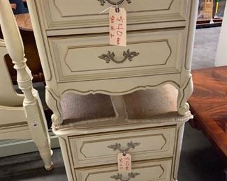 Henry Link cream with gold trim nightstands. (2)                 24"w x 16"d x 24"t    Laminate tops. Very good condition   $40 each.  Also have matching dresser with mirror, chest with bookshelves, desk, and canopy bed.