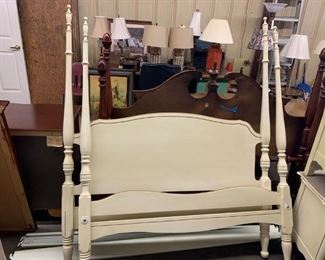 Henry Link Full size canopy bed including headboard, footboard, side rails and canopy rails. Cream with gold trim. 56.5"w x 68.5"t       Very good condition     $75. Also have matching dresser with mirror, chest with bookshelves, desk and 2 nightstands. 