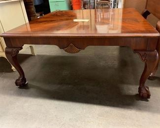 Thomasville  Cocktail table. Solid mahogany with crotch mahogany veneer top. Ball and claw feet.                    38"w x 38"d x 17"t       Very good condition.   $75.   