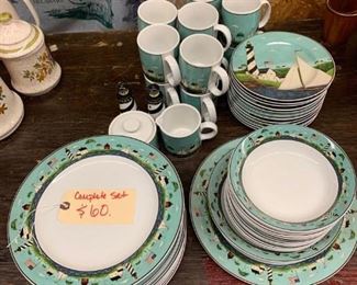 Set of Dishes with Beach motif. Serves 12. Dinner plates, salad plates, bowls, mugs, salt and pepper, cream and sugar, serving pieces. Rarely used, like new  $60.