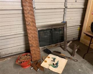 Fireplace Collection. Mantle (60" x 9.5"), glass doors (43.5") with screen, andirons, coal bucket, poker, shovel, wood carrier.  All in good condition.  $100