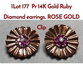 1Lot 177 Pr 14K Gold Ruby Diamond earrings. ROSE GOLD Clip