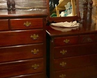 Antique bedroom set - full bed frame and two dressers.
