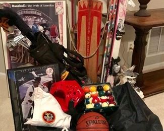 Sports equipment.....basketballs, skis, golf clubs, karate equipment, sleds, sports posters and memorabilia. 