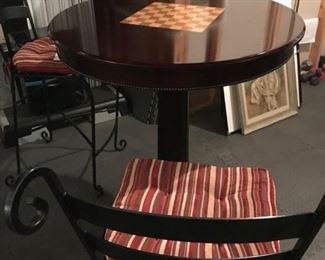 Cherry game table (bar height), iron bar stools