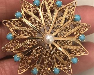 Vintage 14K pin with turquoise and pearl.