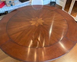 51. Stanley Furniture Round Dining Table w/ Star Inlay and Birdcage Base w/ 2 Sets of Custom Pad w/ 9" Extender Leaves (60")