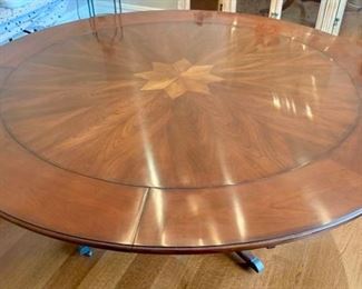 51. Stanley Furniture Round Dining Table w/ Star Inlay and Birdcage Base w/ 2 Sets of Custom Pad w/ 9" Extender Leaves (60")