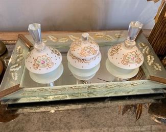 60. Mirrored Hand Painted Tray (18" x 11")
61. Set of 3 Vanity Jars Gold and Frosted Glass