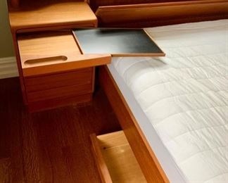 65. Danish Mid Century Modern Teak Queen Platform Bed w/ Underbed Storage Drawers and Headboard Storage and Attached Nightstands (8'9" x 19")