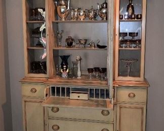 Antique Country French Colonial China Hutch Cabinet with original 12 ConvexConcave Glass panes and KEY  Opened
