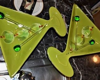 Charming Martini Plates and Hand Blown Glass Olive Swizzle Sticks