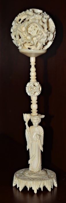 Chinese Canton Carved Puzzle Ball with Stand