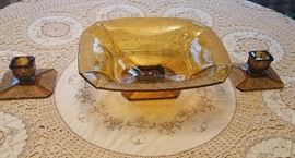 Vintage Amber Glass w Gold Trim Console Set