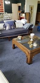 Sofa, glass top coffee table