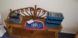 rattan shelf, books