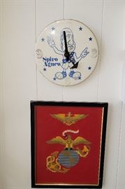 Spiro Agnew clock, framed needlework