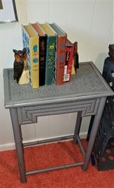 gray painted table, books, owl bookends