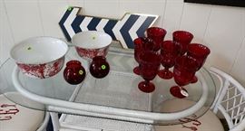 red fostoria stems, red/write decor