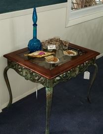 glass top/iron/wood end table