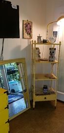 yellow shelf, yellow mirror, pottery, tv
