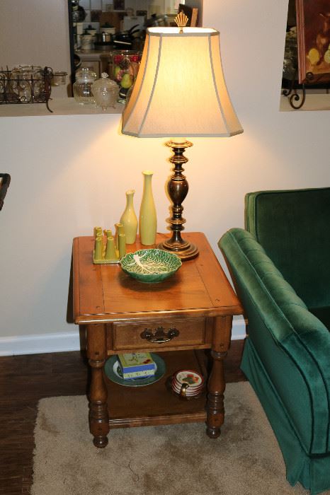 Pair of Oak End Tables & Brass Lamps